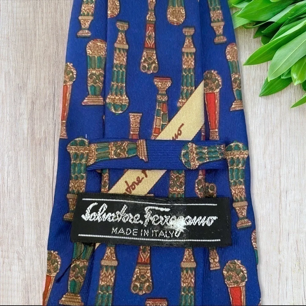 Vtg 90s Salvatore Ferragamo Silk Tie Ornate Columns Print Blue Combo